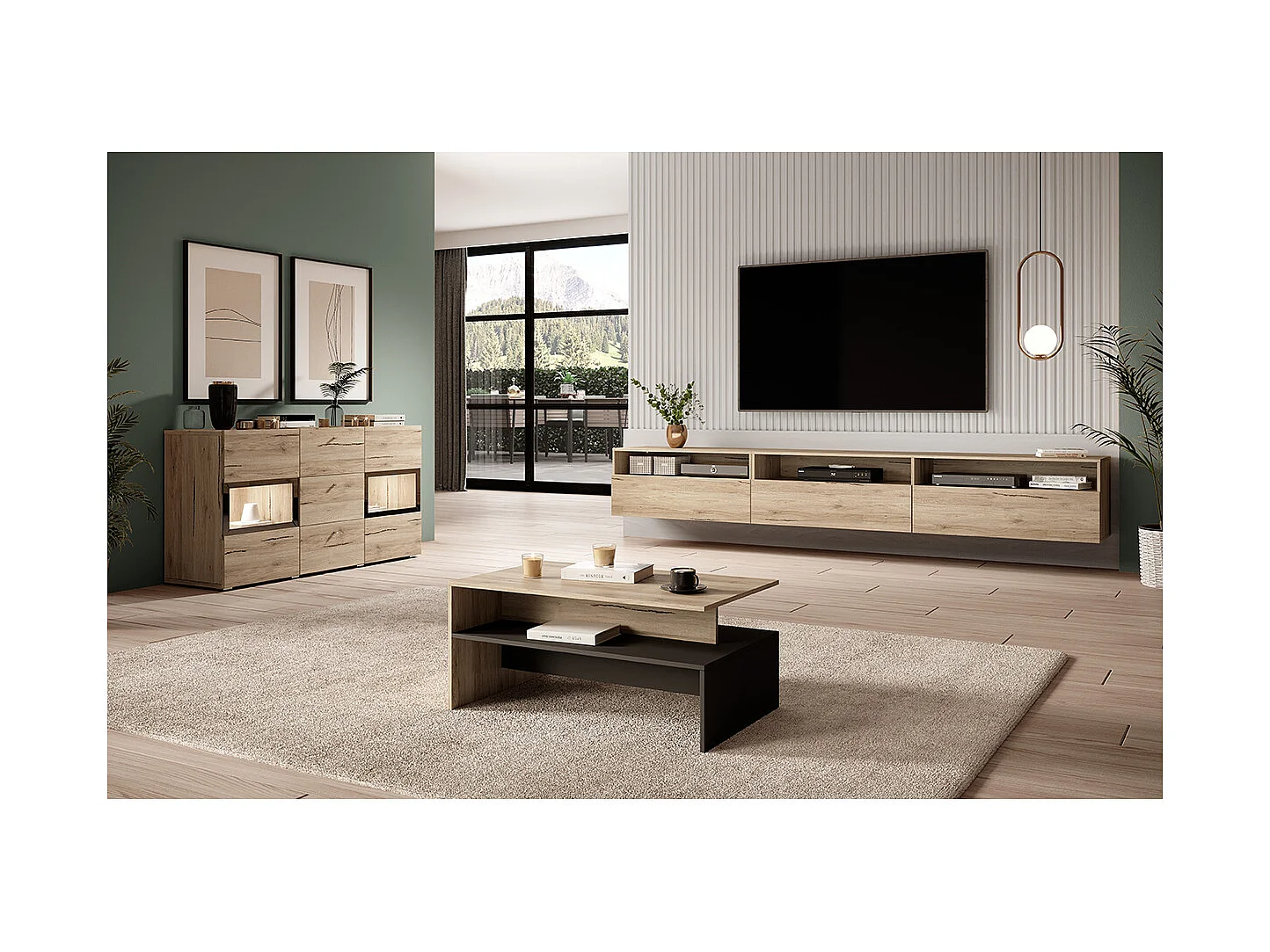 Vrijstaand of wandhangend TV-meubel met 1 lade 270 cm Sloan Wood