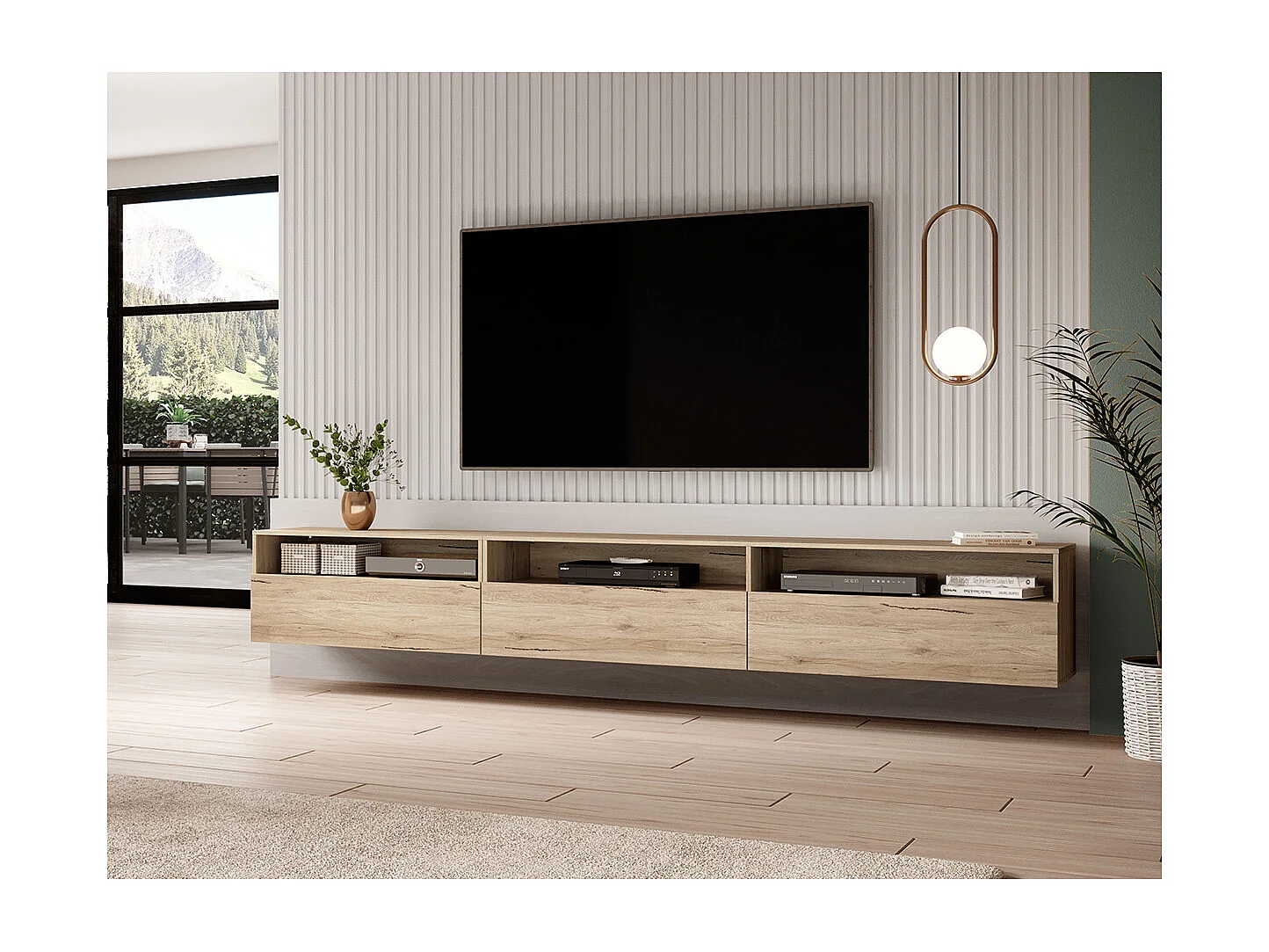 Vrijstaand of wandhangend TV-meubel met 1 lade 270 cm Sloan Wood