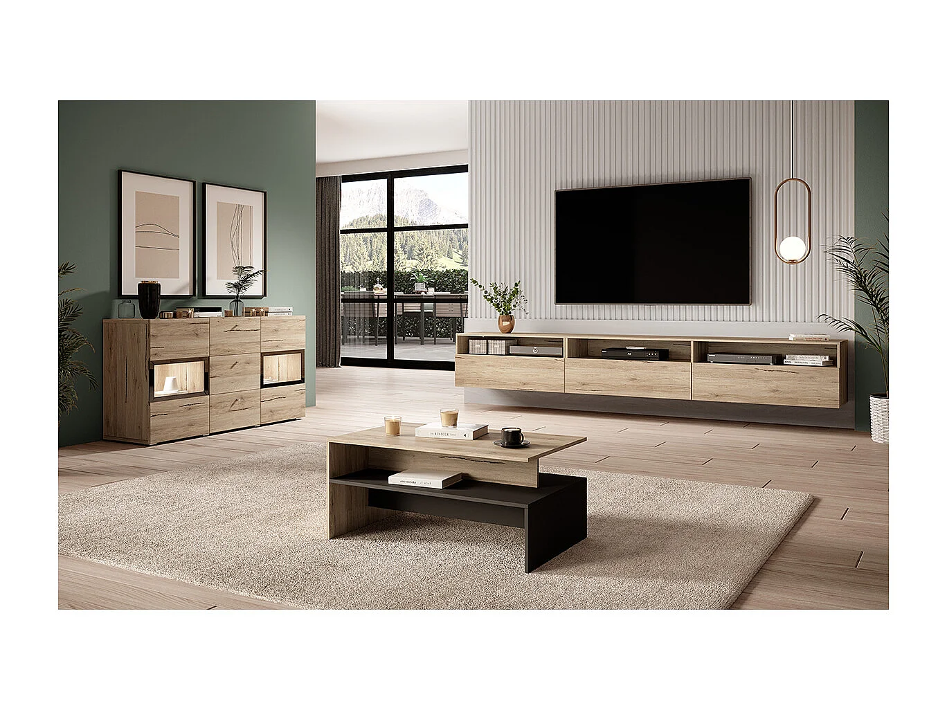 Vrijstaand of wandhangend TV-meubel met 1 lade 270 cm Sloan Wood