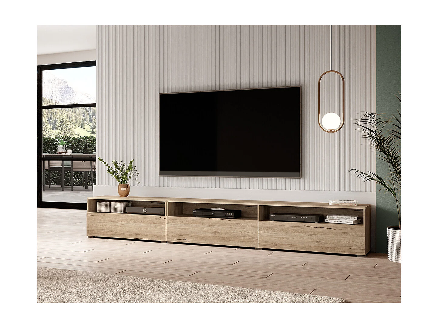 Fritstående eller væghængt tv-møbel med 1 skuffe 270 cm Sloan Wood
