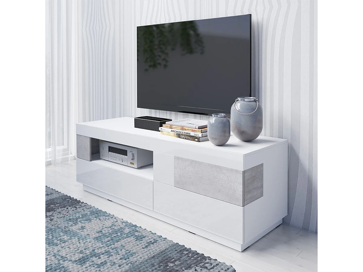 Meuble TV 1 porte 2 tiroirs 160 cm Andrea Blanc et Béton