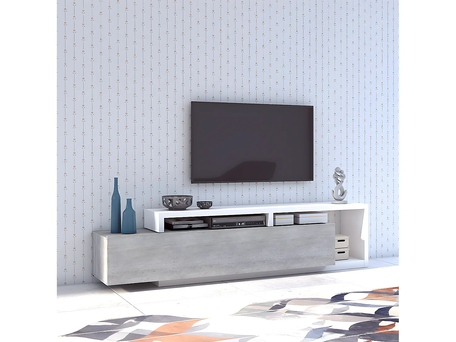 Meuble TV 1 tiroir 219 cm Ilyes Blanc et Béton