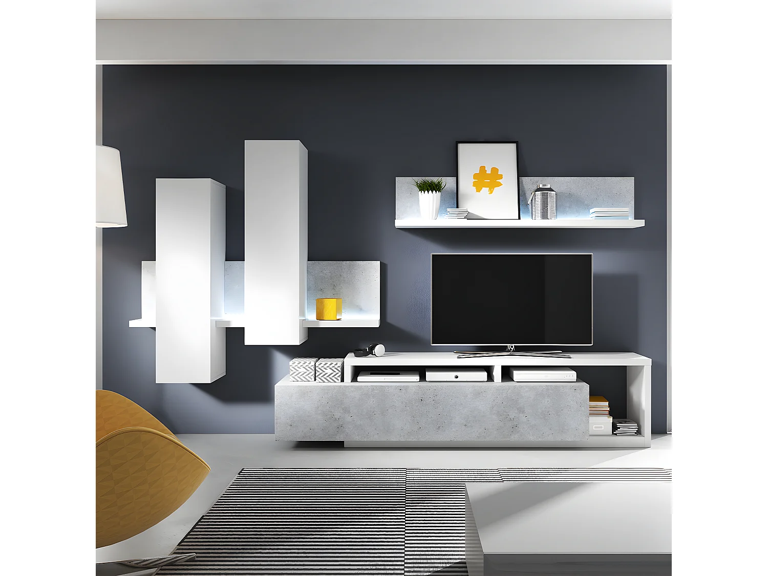 Meuble TV 1 tiroir 219 cm Ilyes Blanc et Béton