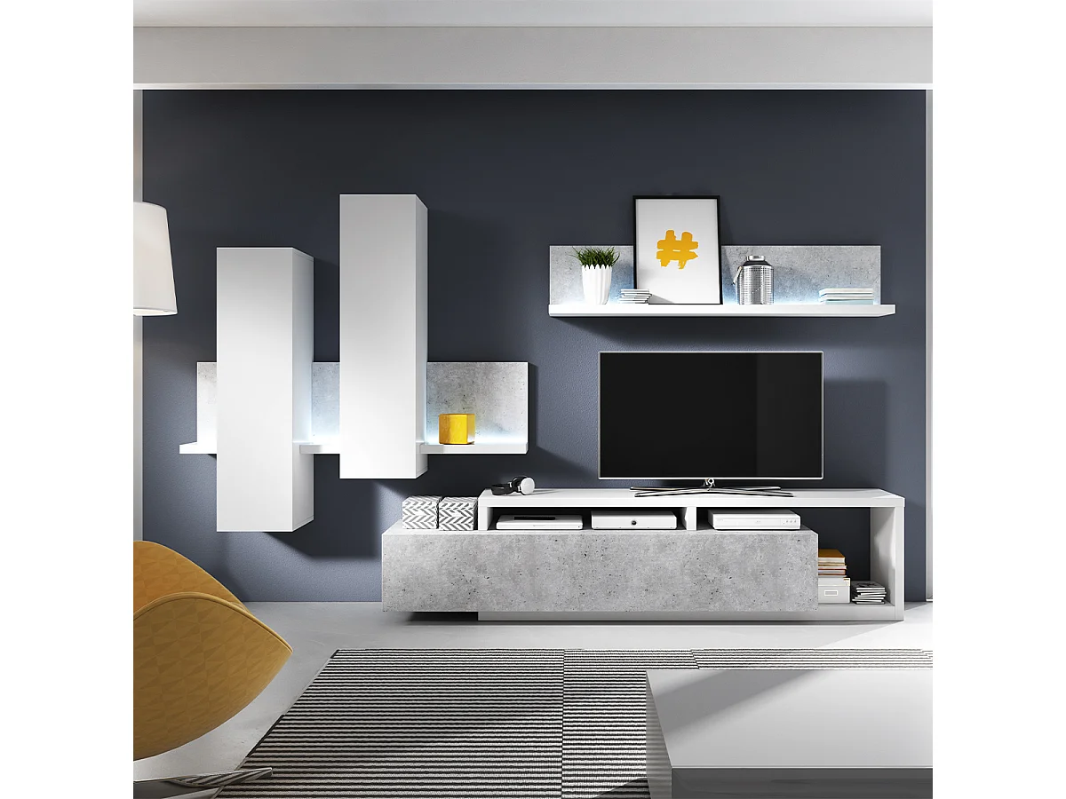 1-drawer TV stand 219 cm Ilyes White and Concrete