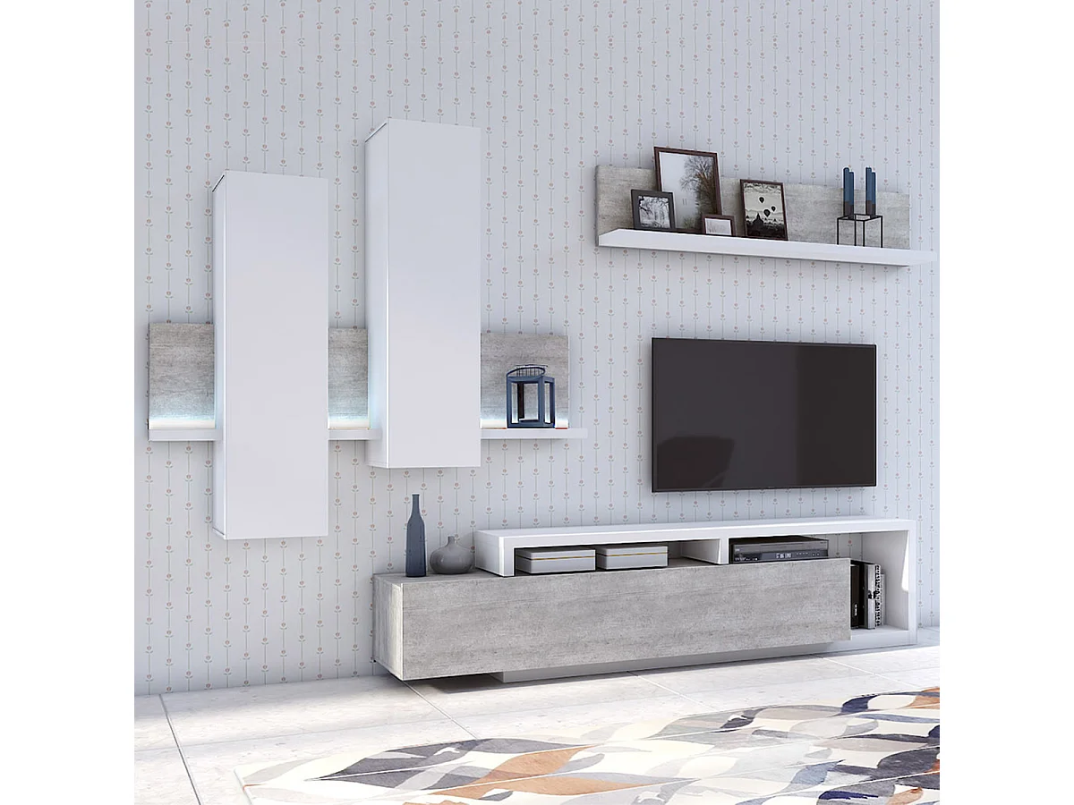 1-drawer TV stand 219 cm Ilyes White and Concrete