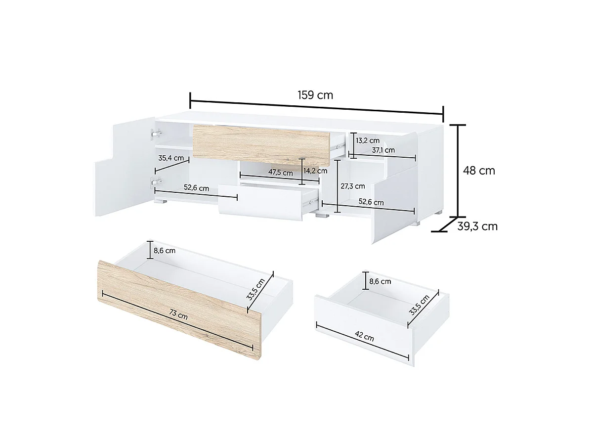 2-dørs 2-skuffe 159 cm Jules tv-bord i grå og træ