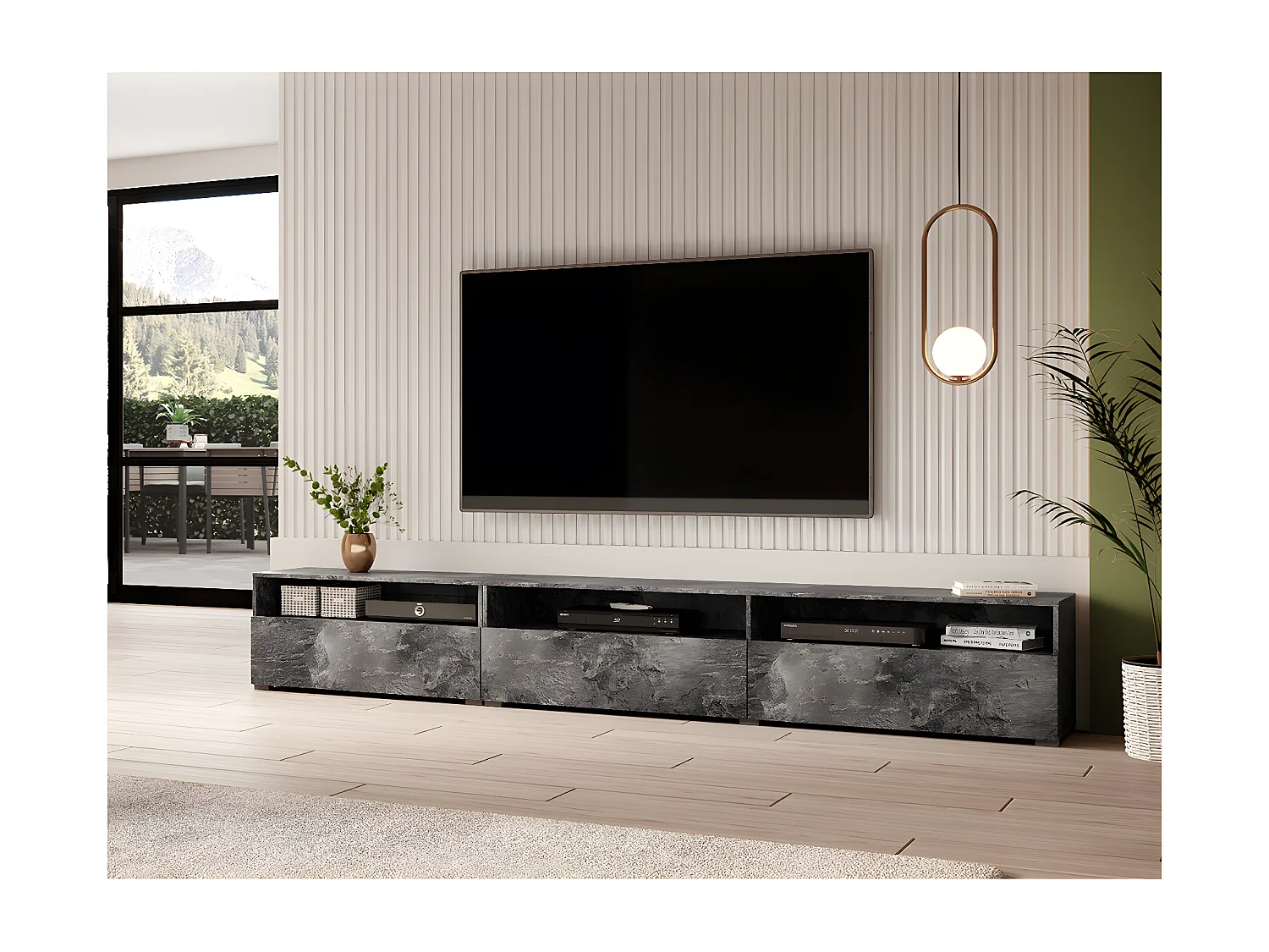 Meuble TV sur pied ou mural 1 tiroir 270 cm Sloan Béton foncé