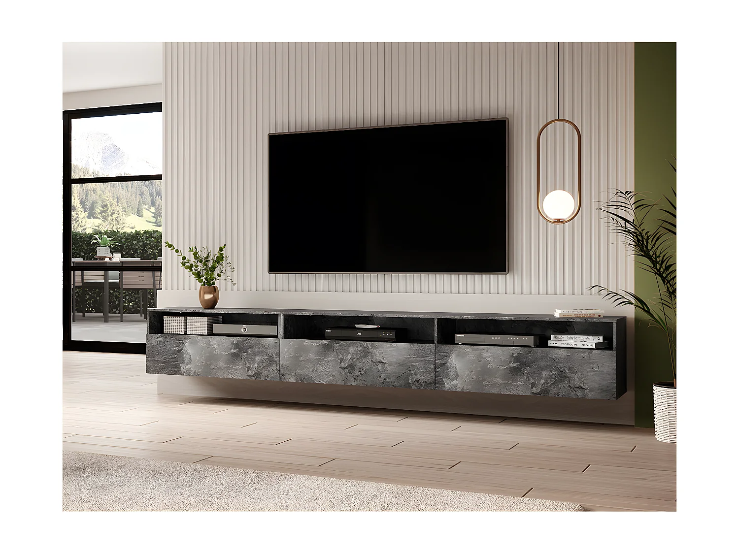 Meuble TV sur pied ou mural 1 tiroir 270 cm Sloan Béton foncé