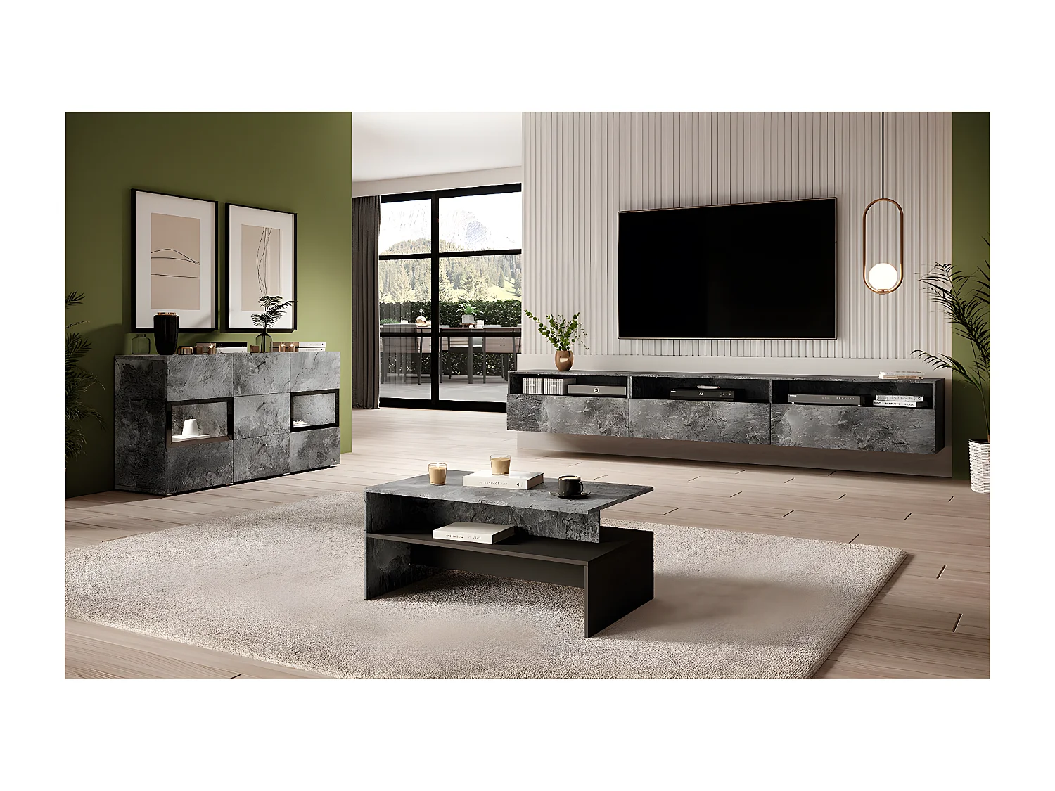 Meuble TV sur pied ou mural 1 tiroir 270 cm Sloan Béton foncé