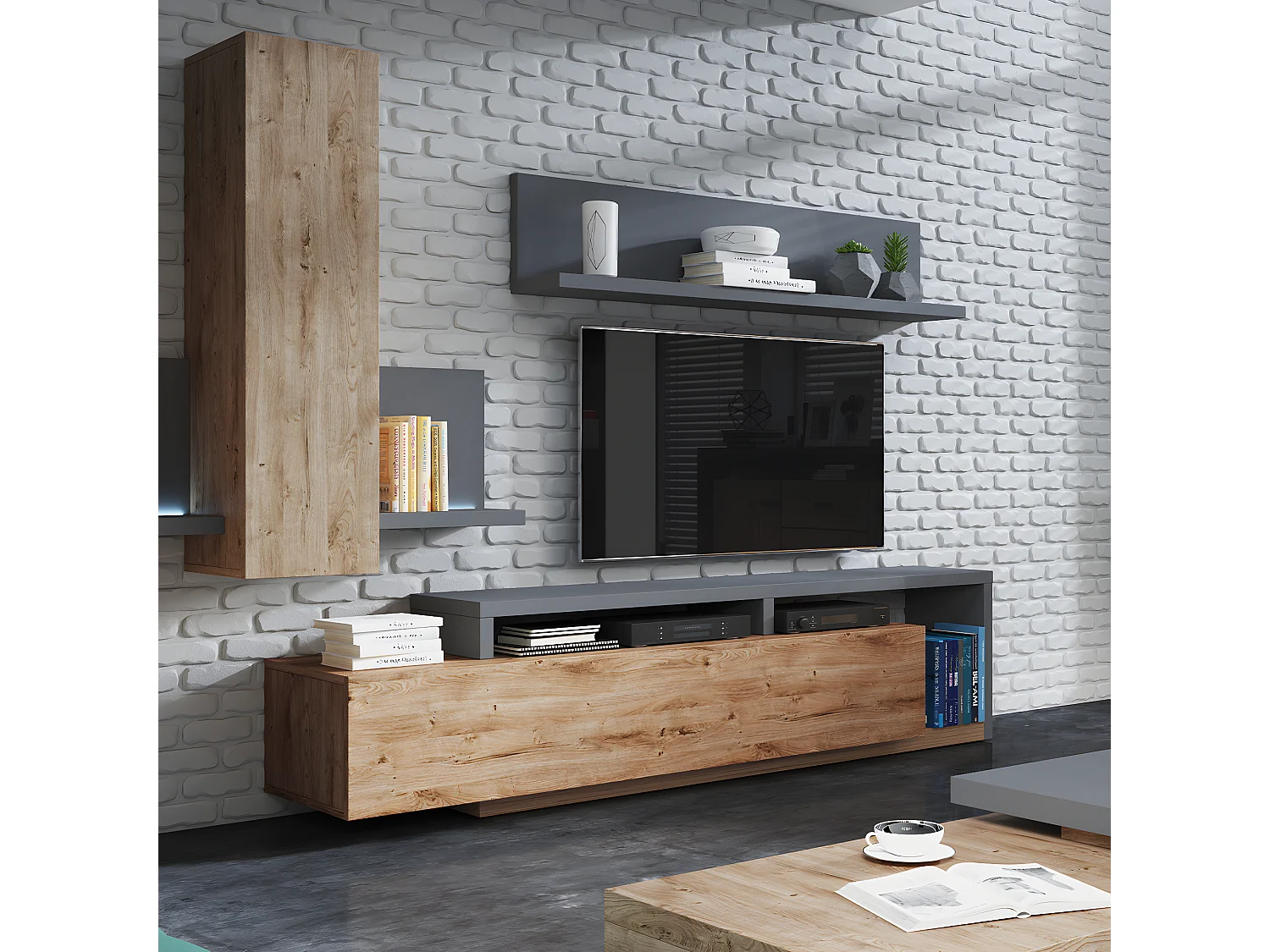 Meuble TV 1 tiroir 219 cm Ilyes Bois et Gris