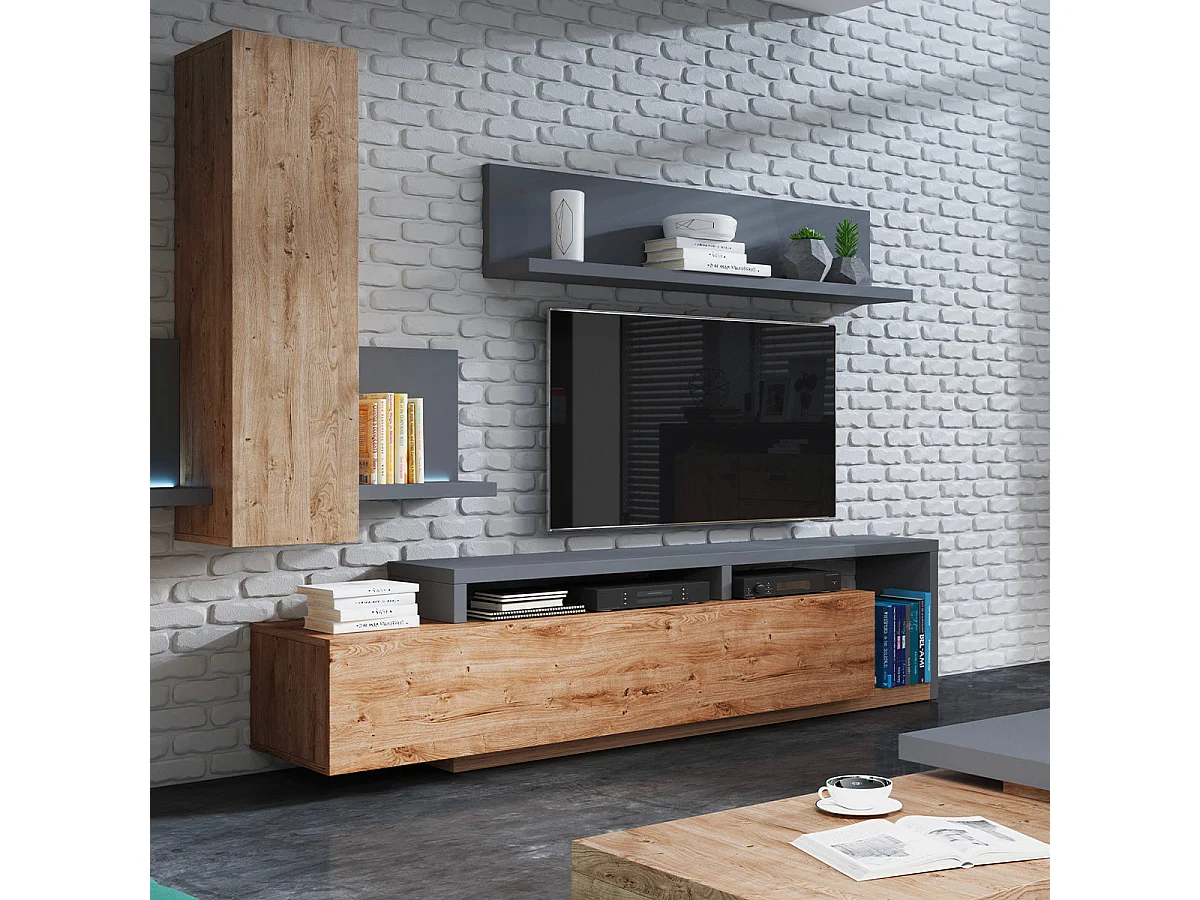 TV-Möbel 1 Schublade 219 cm Ilyes Holz und Grau