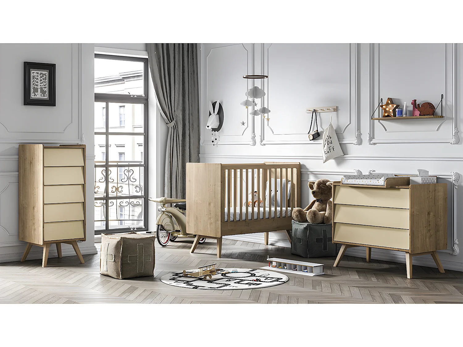 Chambre complète lit bébé - commode à langer - chiffonnier Vintage Bois Beige