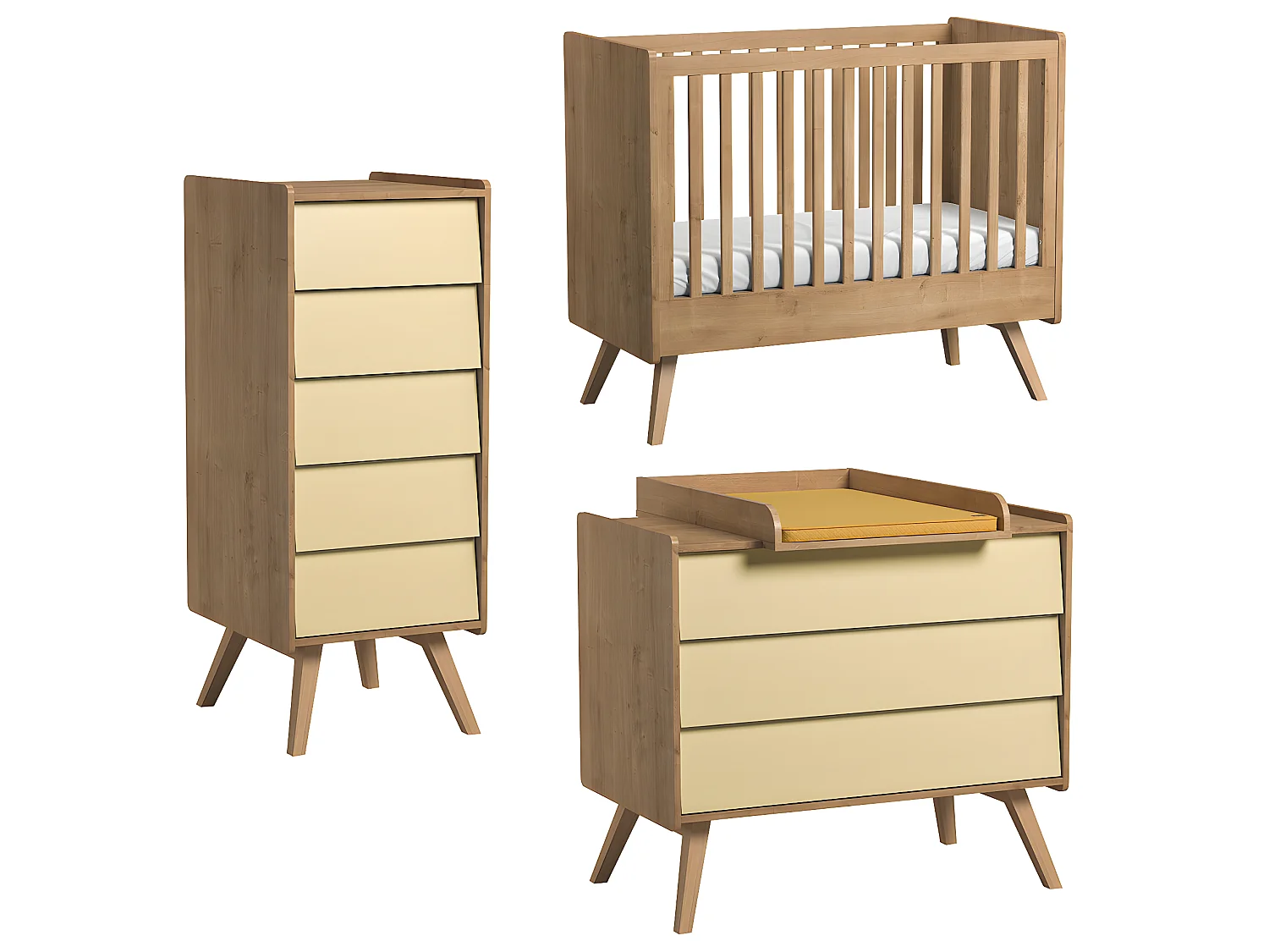 Chambre complète lit bébé - commode à langer - chiffonnier Vintage Bois Beige