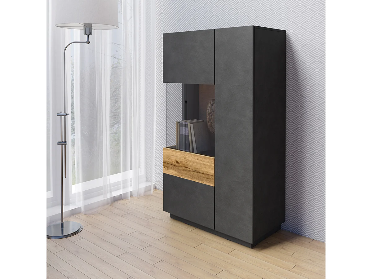 Vaisselier 2 portes ouverture gauche Andrea Gris anthracite et Bois