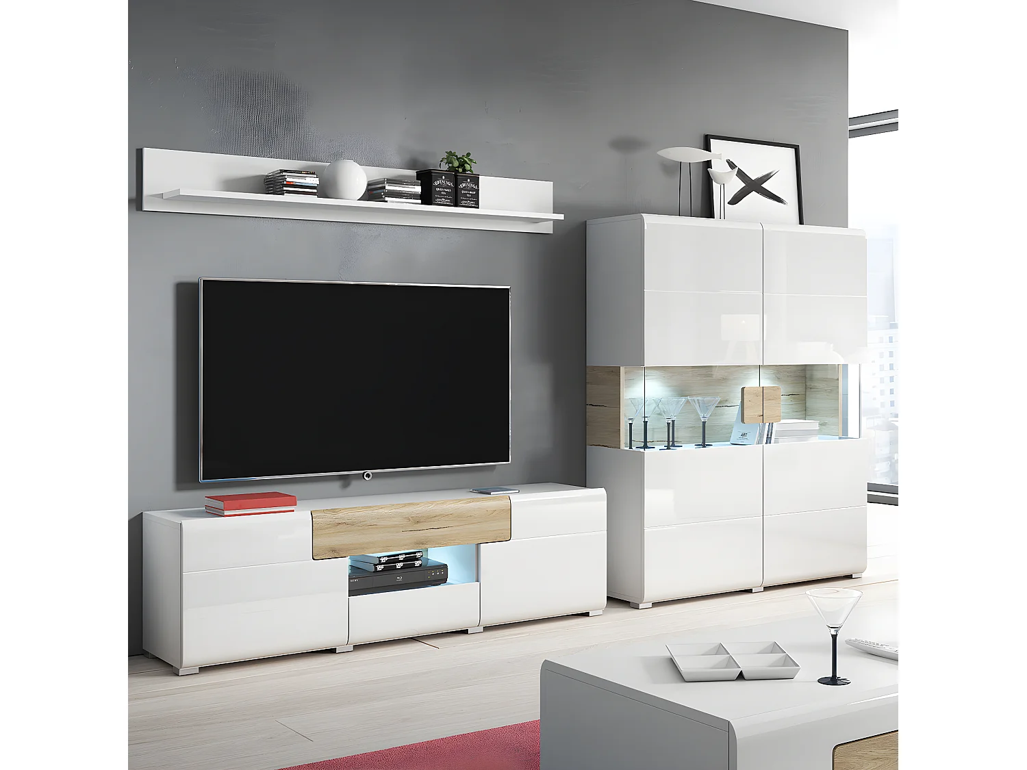 Vaisselier 2 portes avec LED Jules Blanc et Bois