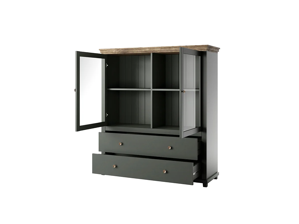 Armário de porcelana 2 portas 2 gavetas Martin verde e madeira 138cm