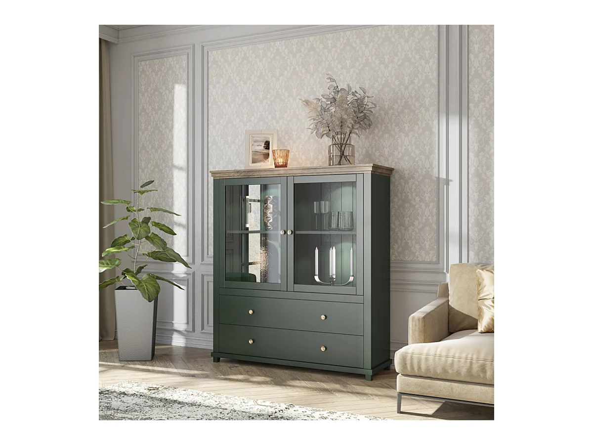 Armário de porcelana 2 portas 2 gavetas Martin verde e madeira 138cm