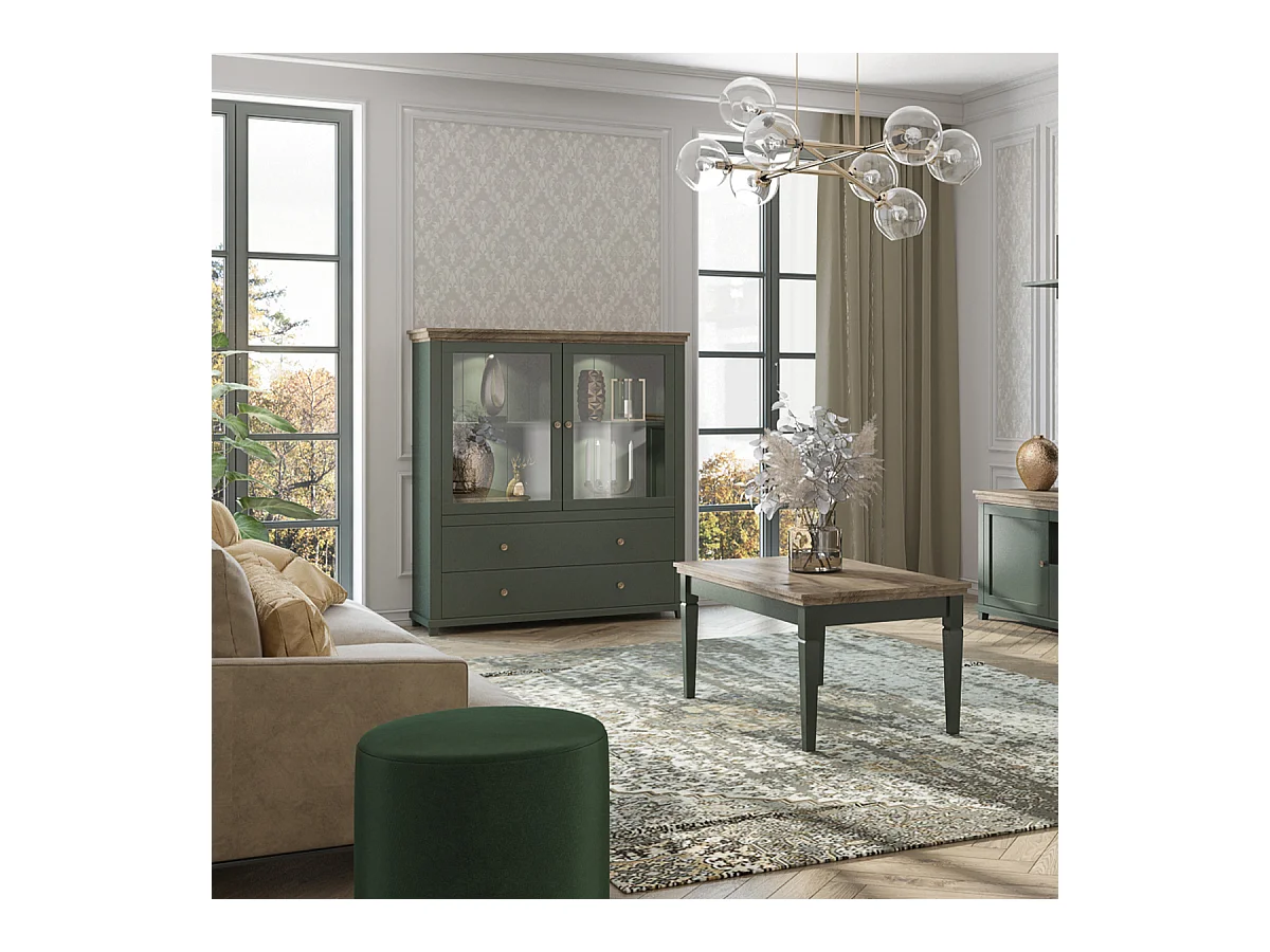 Armário de porcelana 2 portas 2 gavetas Martin verde e madeira 138cm