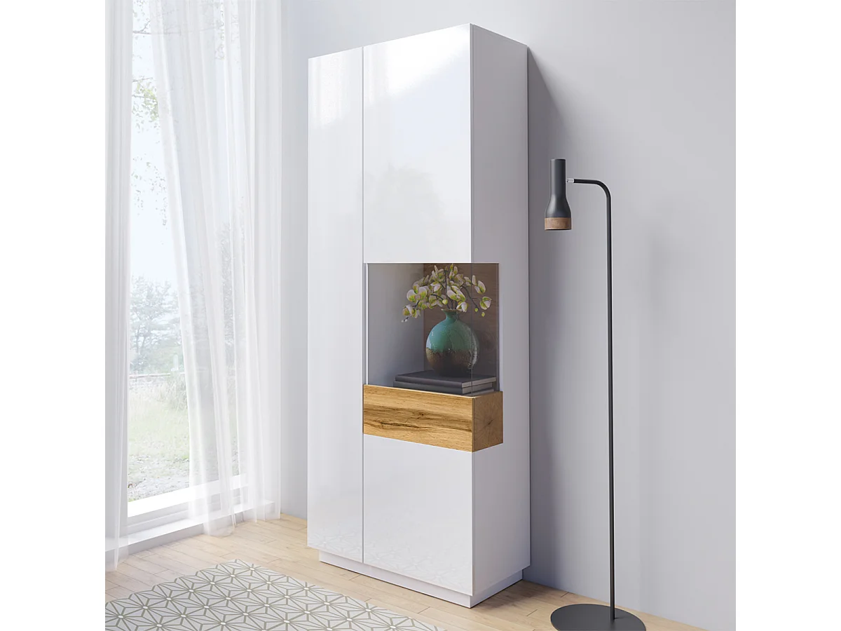 Armário expositor 2 portas Andrea branco e madeira 207cm