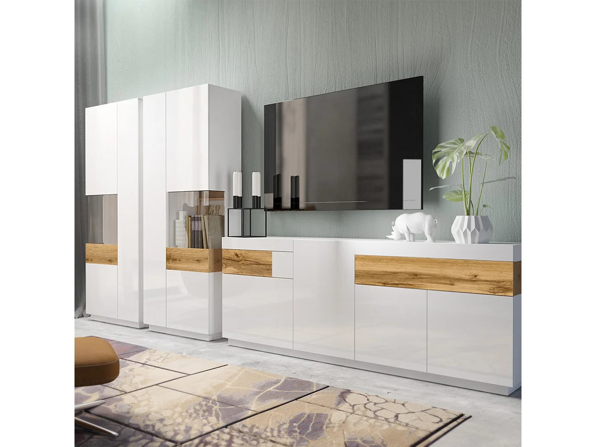 Armário expositor 2 portas Andrea branco e madeira 207cm