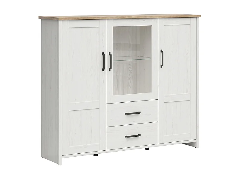 Armário de porcelana 3 portas 2 gavetas Aksel branco e madeira 135cm