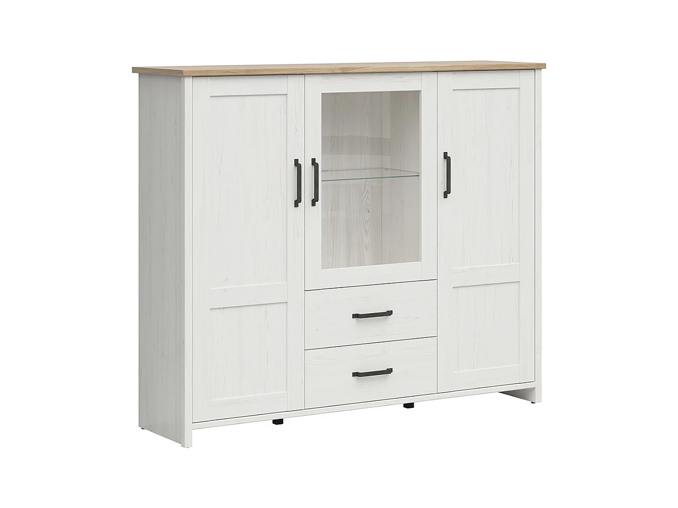 Armário de porcelana 3 portas 2 gavetas Aksel branco e madeira 135cm