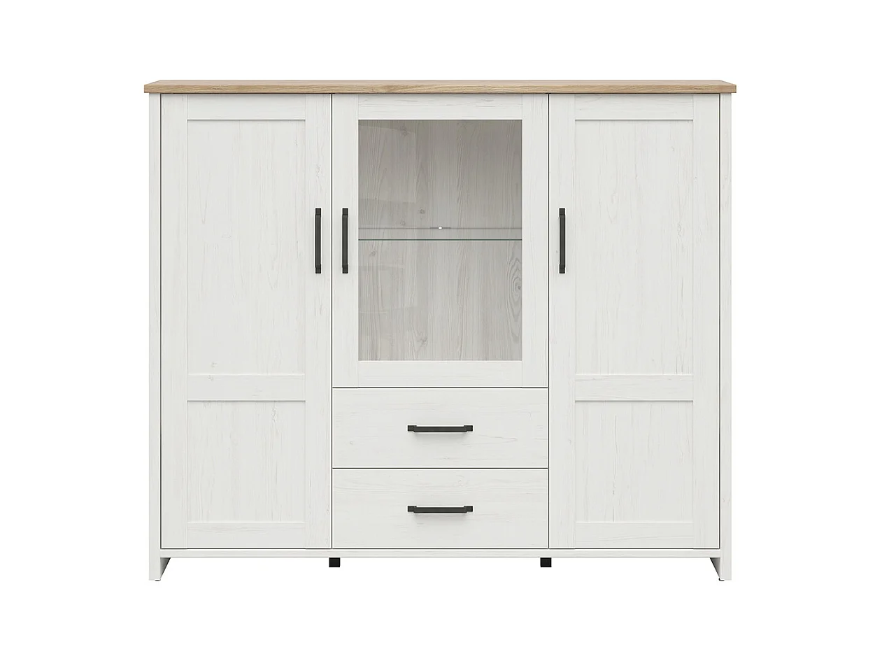 Armário de porcelana 3 portas 2 gavetas Aksel branco e madeira 135cm