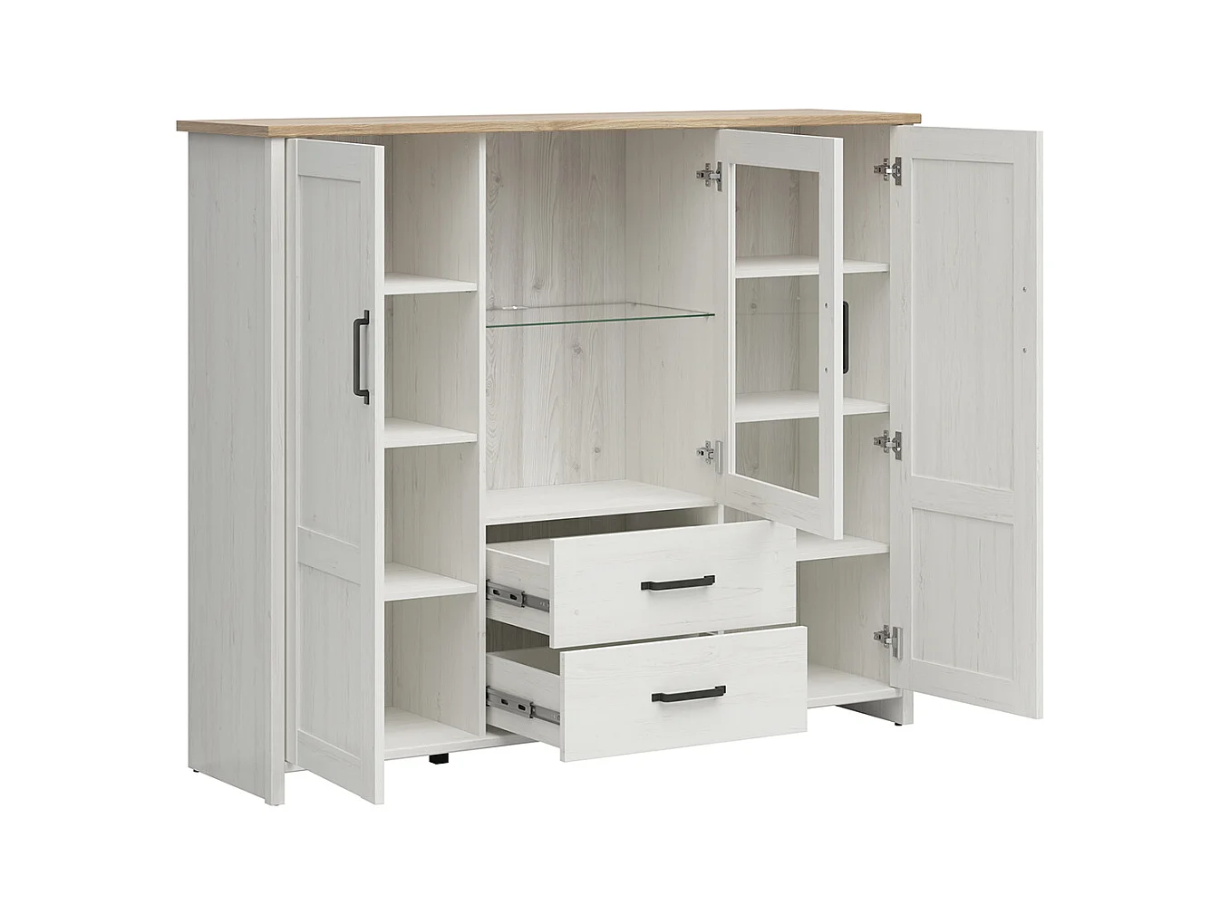 Armário de porcelana 3 portas 2 gavetas Aksel branco e madeira 135cm