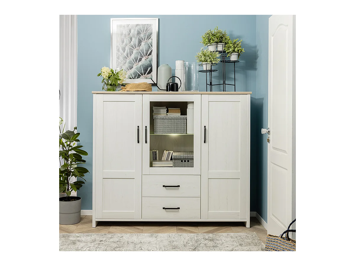 Armário de porcelana 3 portas 2 gavetas Aksel branco e madeira 135cm