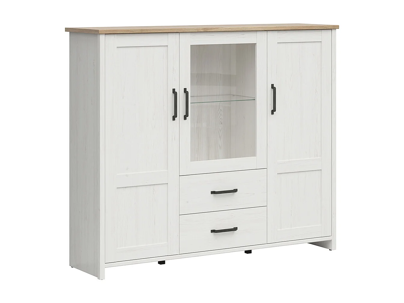 Niedriges Geschirrregal 3 Türen 2 Schubladen Aksel Weiß und Holz