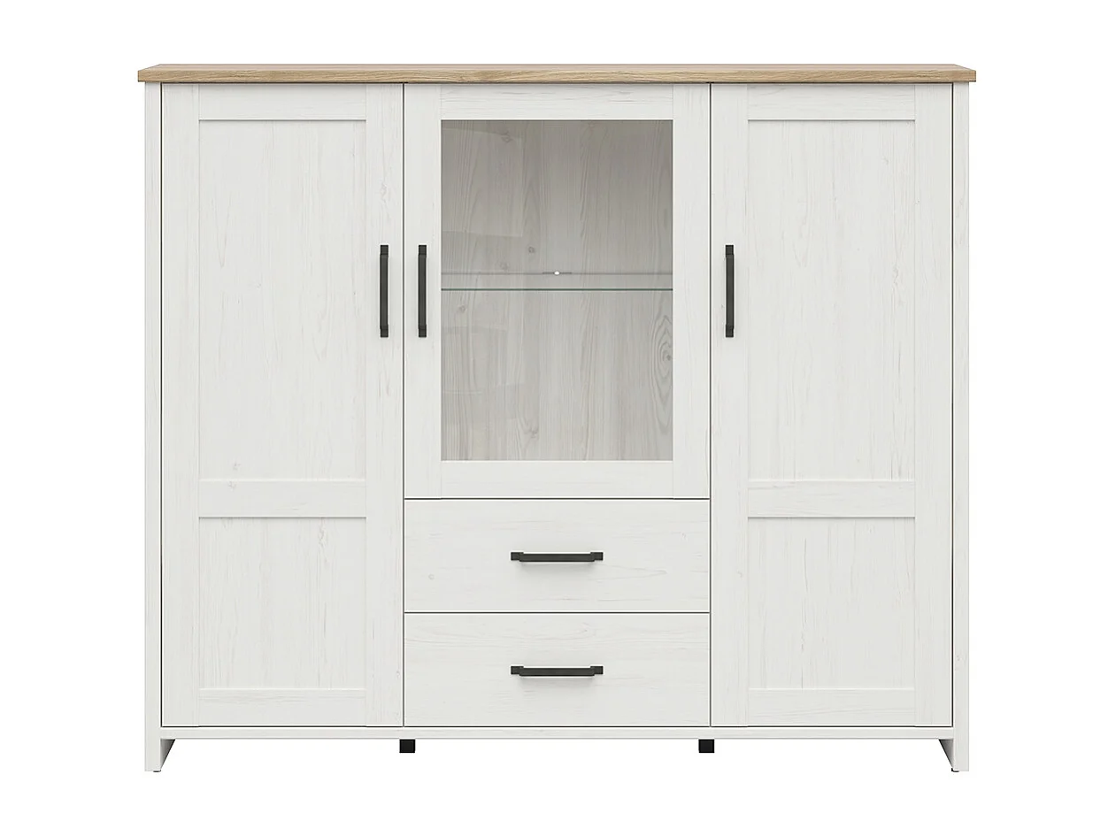 Niedriges Geschirrregal 3 Türen 2 Schubladen Aksel Weiß und Holz