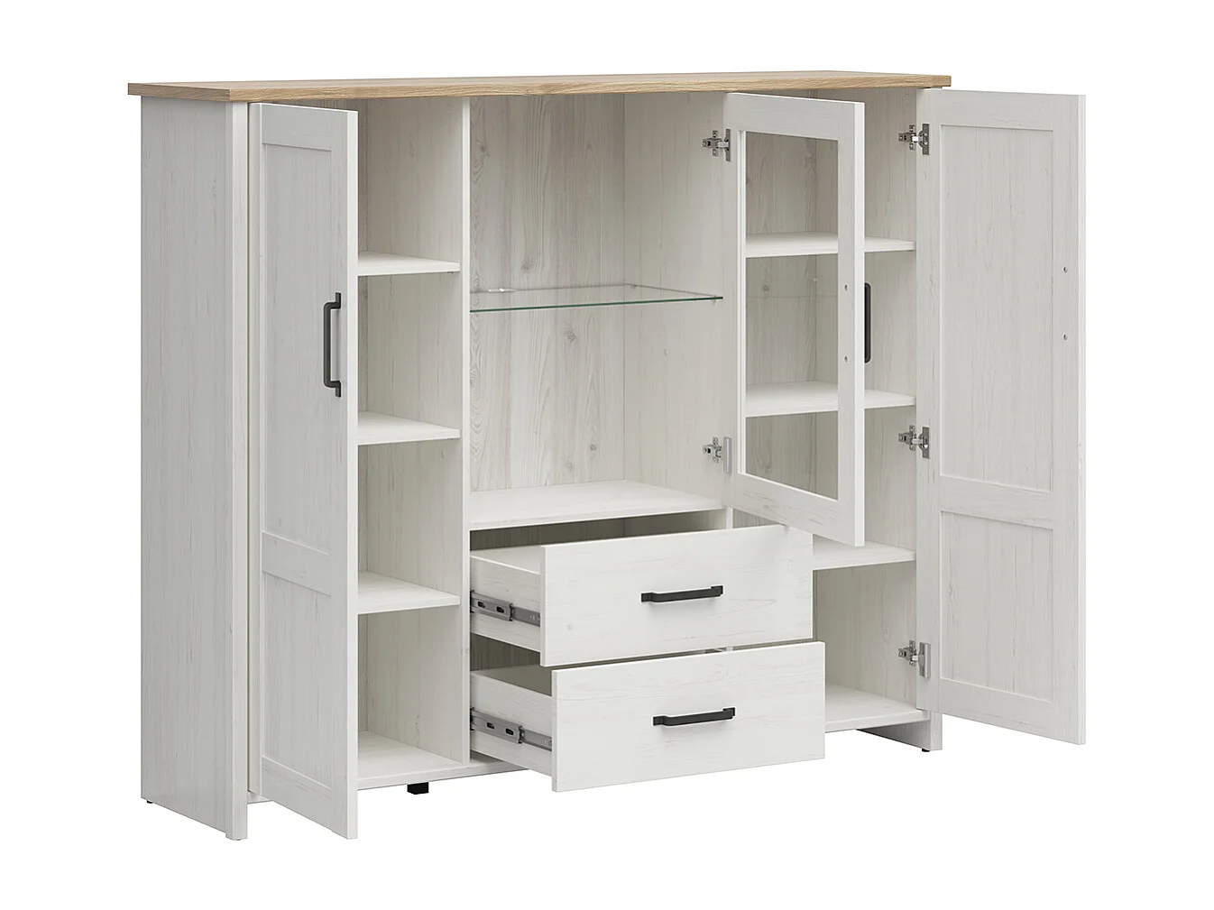 Niedriges Geschirrregal 3 Türen 2 Schubladen Aksel Weiß und Holz