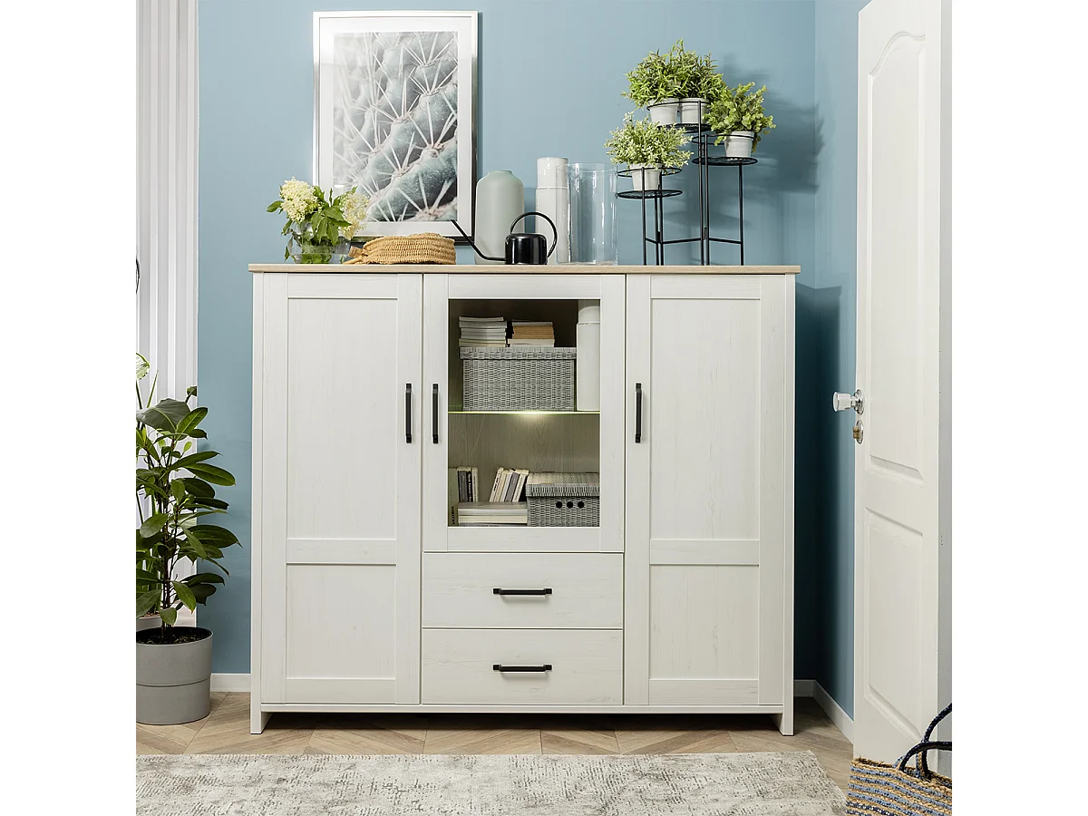 Niedriges Geschirrregal 3 Türen 2 Schubladen Aksel Weiß und Holz