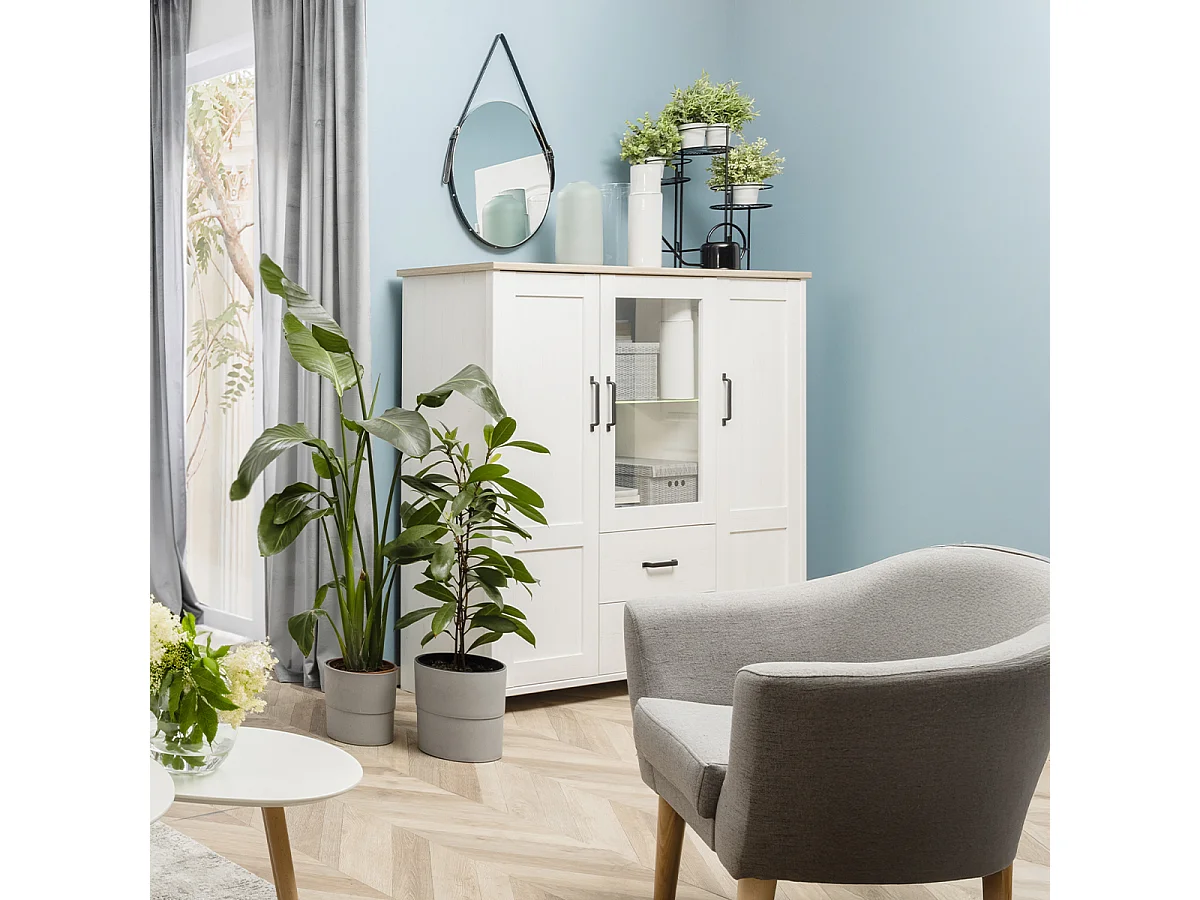 Niedriges Geschirrregal 3 Türen 2 Schubladen Aksel Weiß und Holz