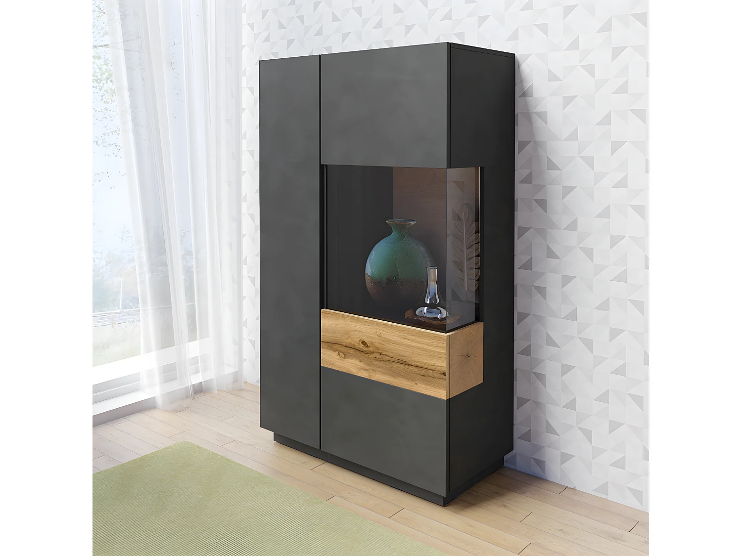 Vaisselier 2 portes ouverture droite Andrea Gris anthracite et Bois