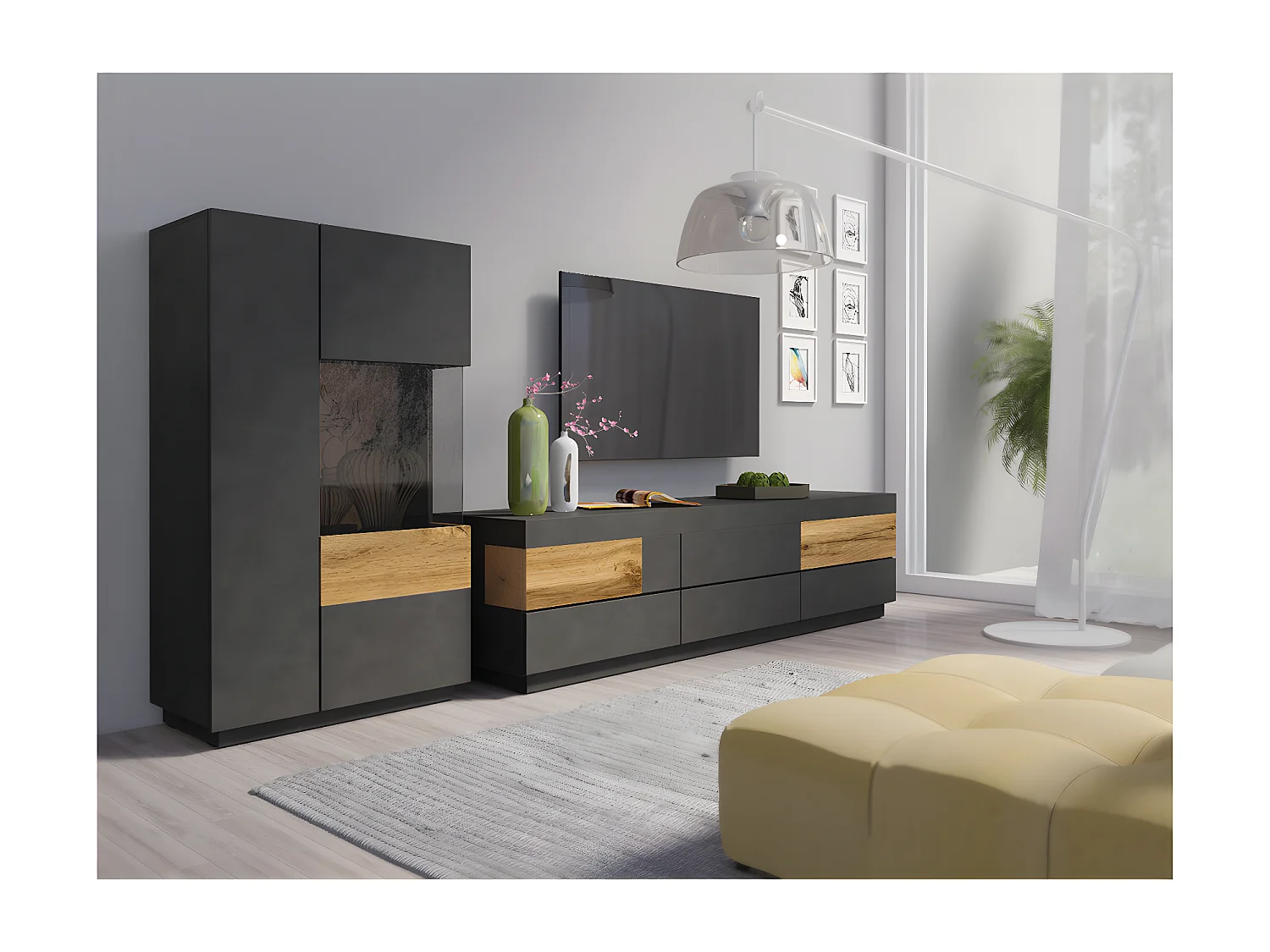 Vaisselier 2 portes ouverture droite Andrea Gris anthracite et Bois