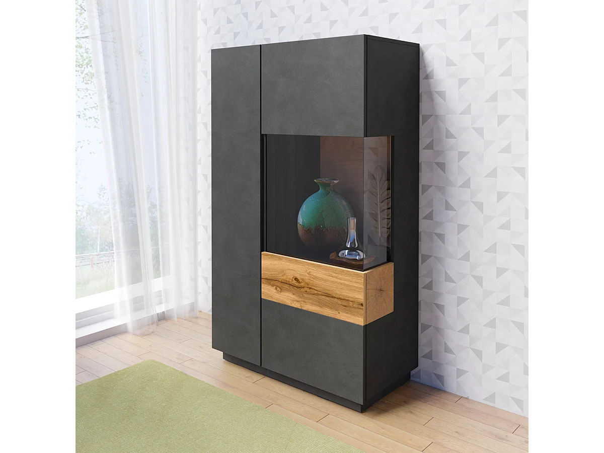 Vaisselier 2 portes ouverture droite Andrea Gris anthracite et Bois