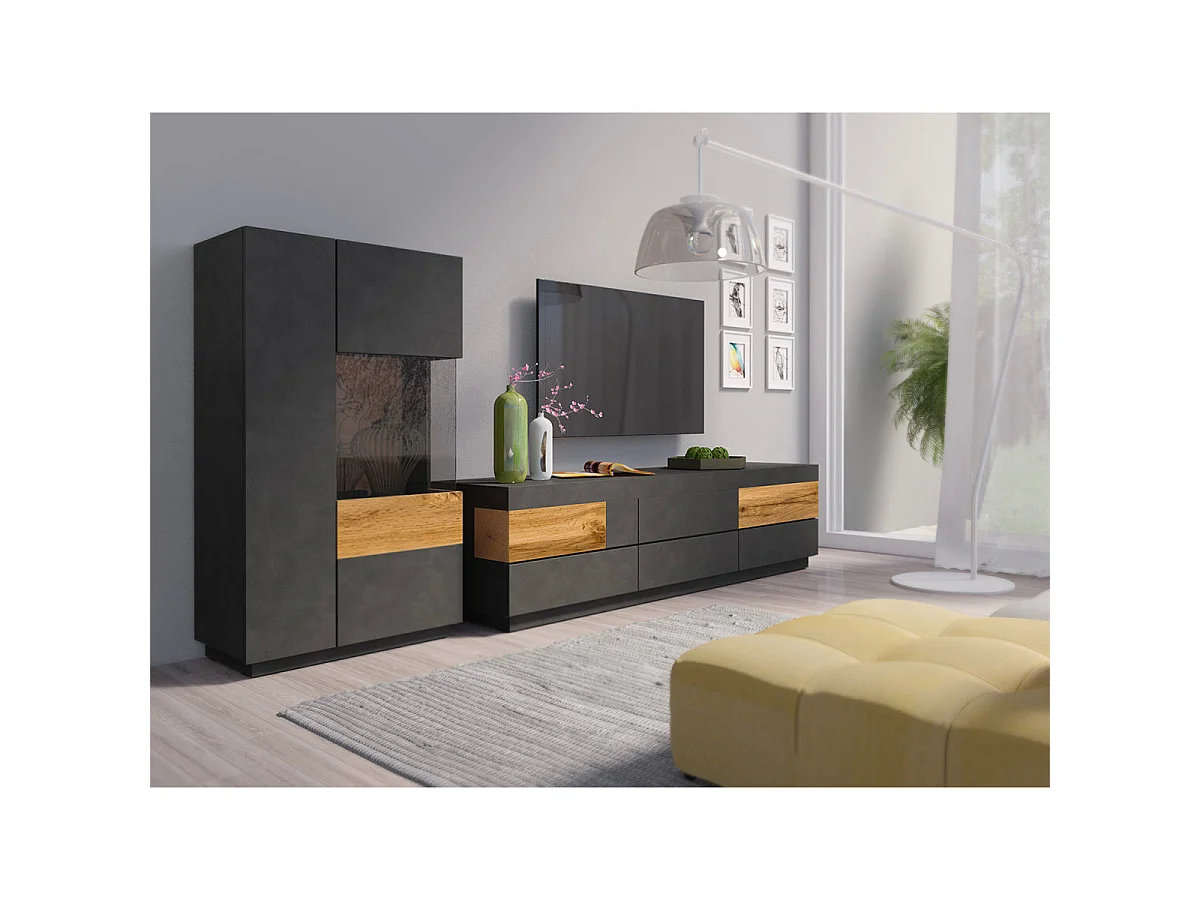 Vaisselier 2 portes ouverture droite Andrea Gris anthracite et Bois