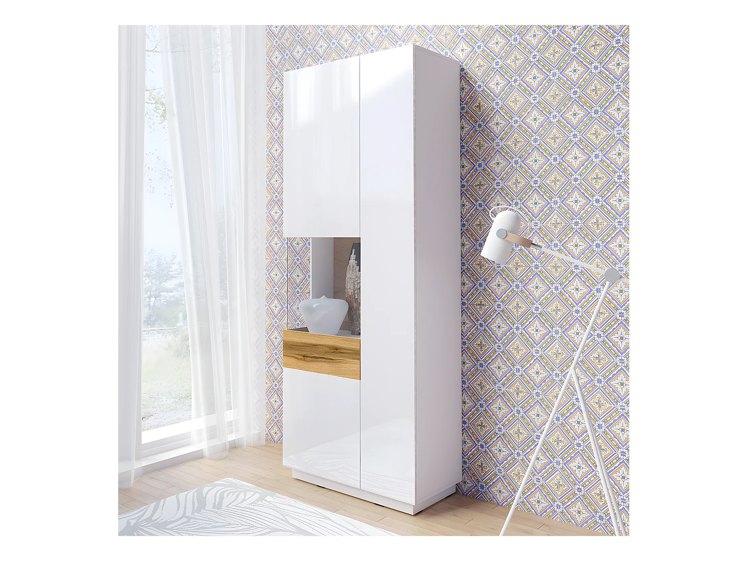 Vitrine 2 portes ouverture gauche Andrea Blanc et Bois