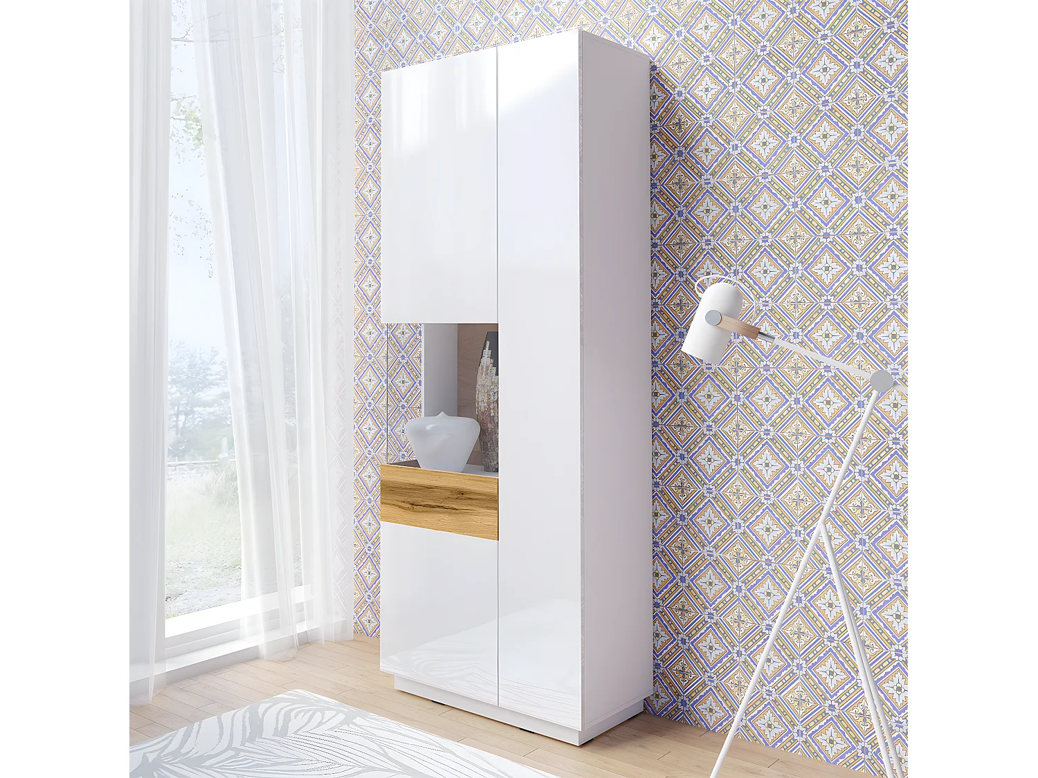 Andrea Wit en Hout 2-deurs vitrinekast, links openend