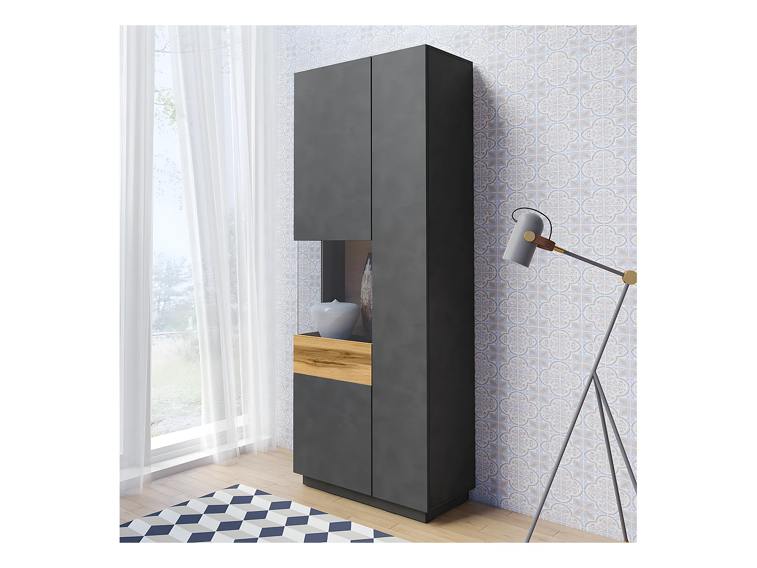 Vitrine 2 portes ouverture gauche Andrea Gris anthracite et Bois