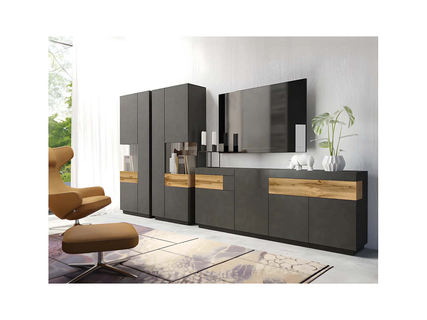 Vitrine 2 portes ouverture gauche Andrea Gris anthracite et Bois