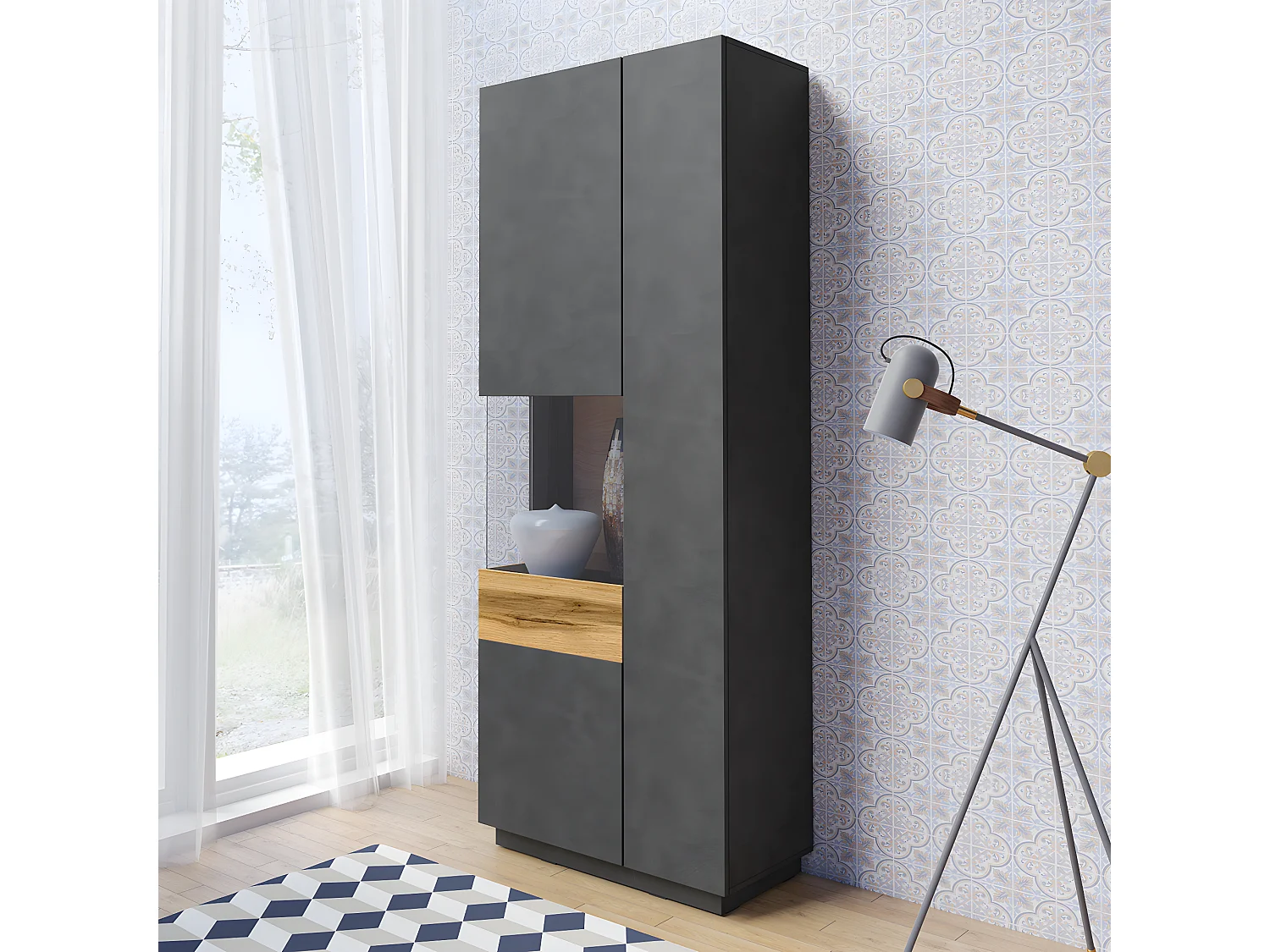 Vitrine 2 portes ouverture gauche Andrea Gris anthracite et Bois