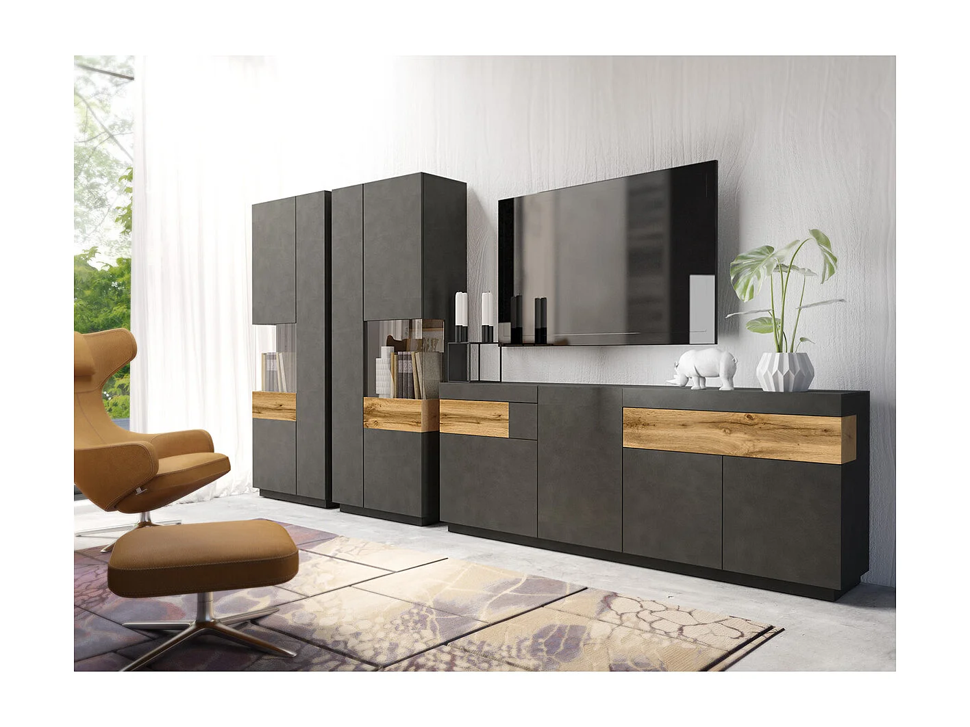 Andrea Gris anthracite et Bois 2-door display case, left opening