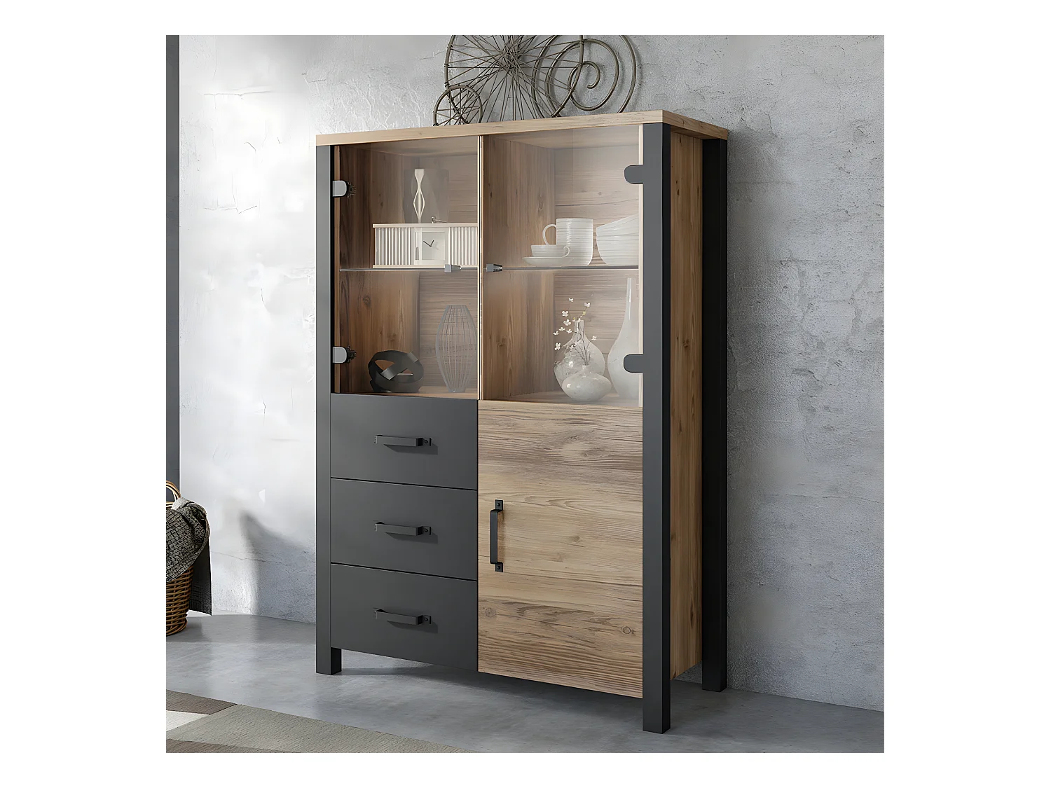 Vajillero 3 puertas 3 cajones Lyam Madera y Negro