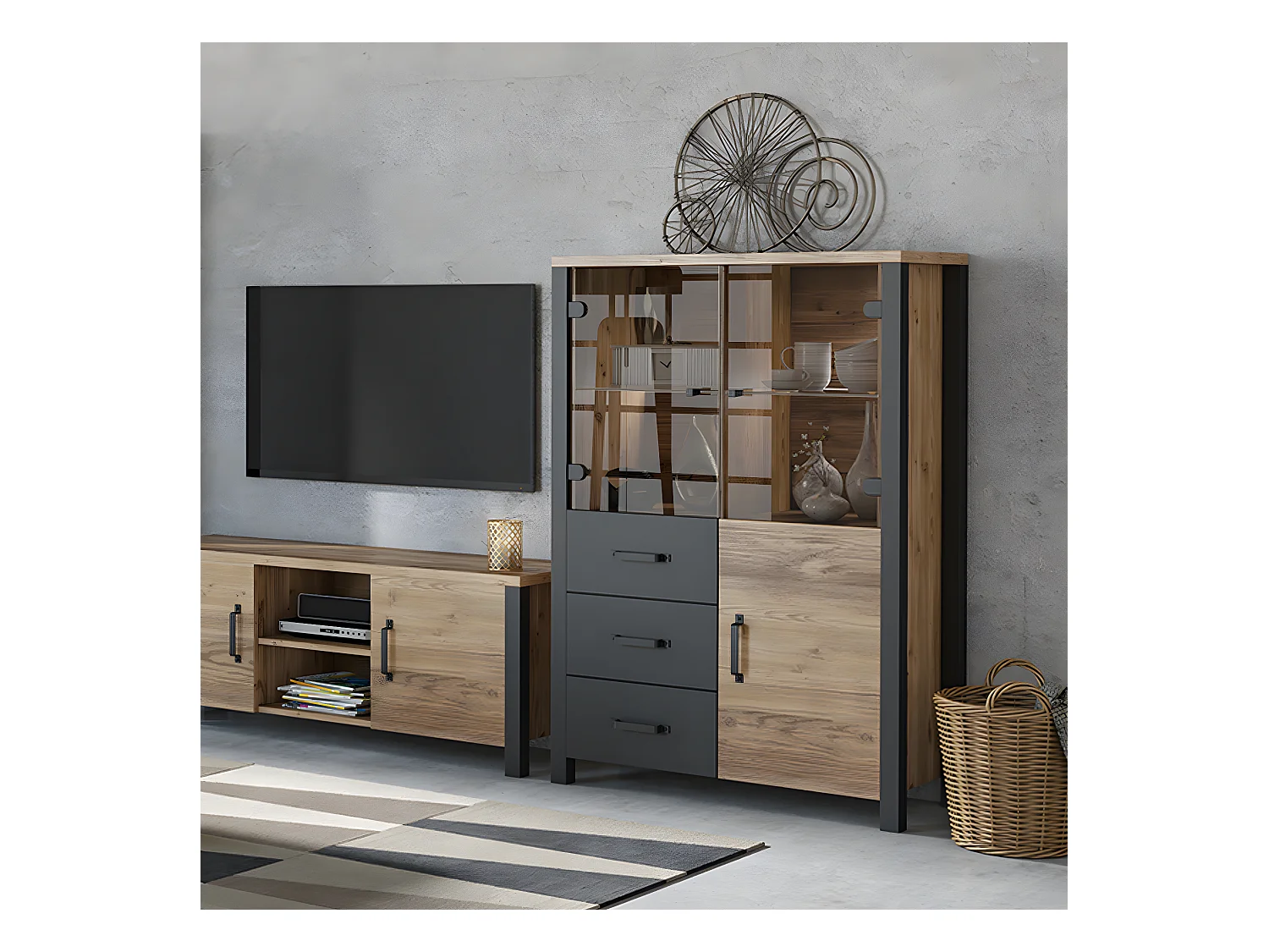 Vajillero 3 puertas 3 cajones Lyam Madera y Negro