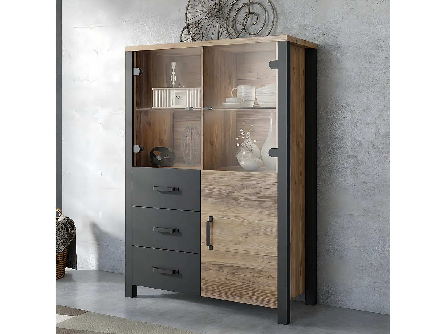 Vajillero 3 puertas 3 cajones Lyam Madera y Negro