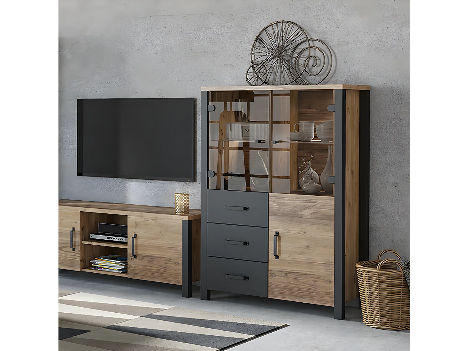 Vajillero 3 puertas 3 cajones Lyam Madera y Negro