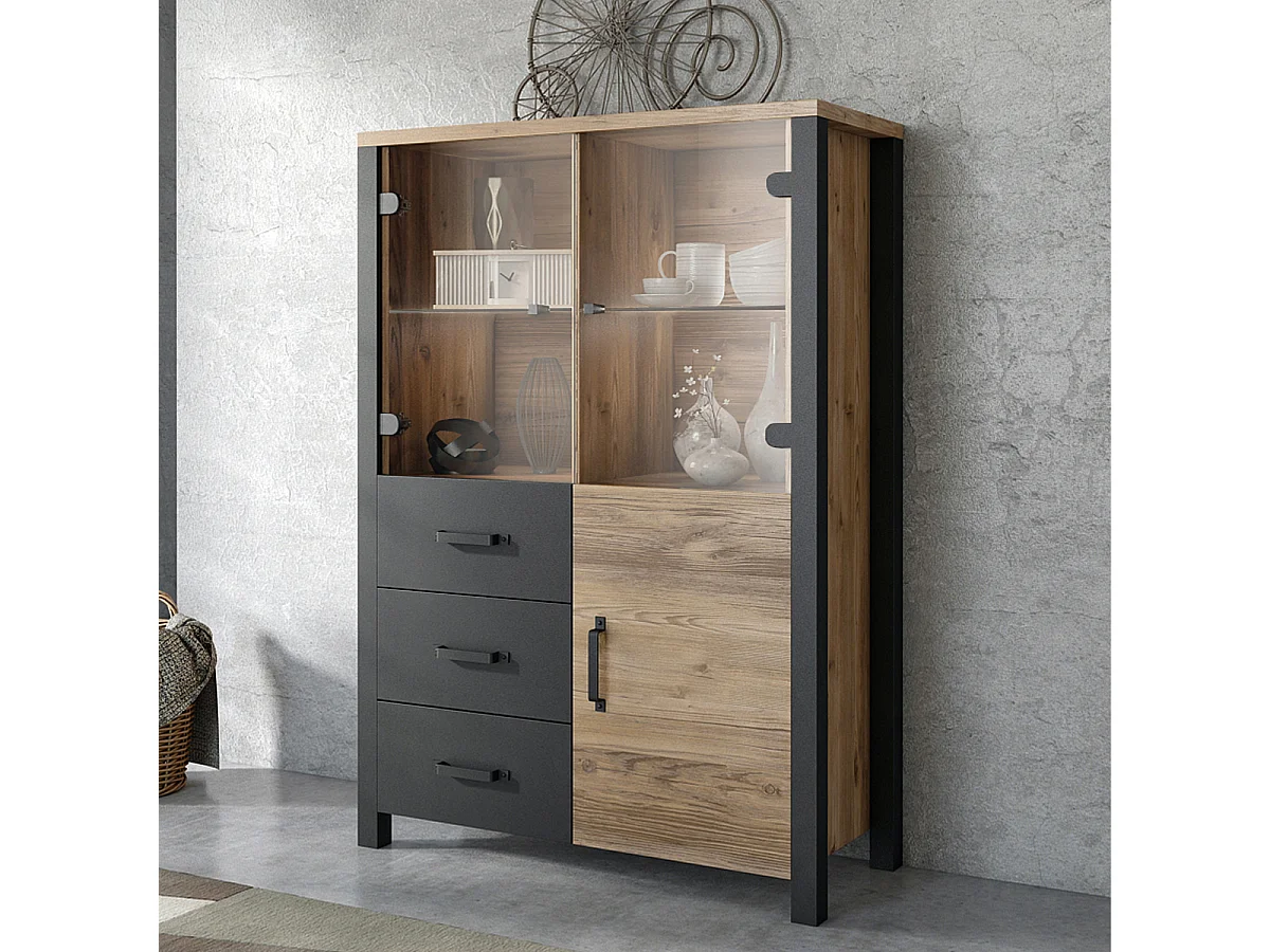 Vaisselier 3 portes 3 tiroirs Lyam Bois et Noir