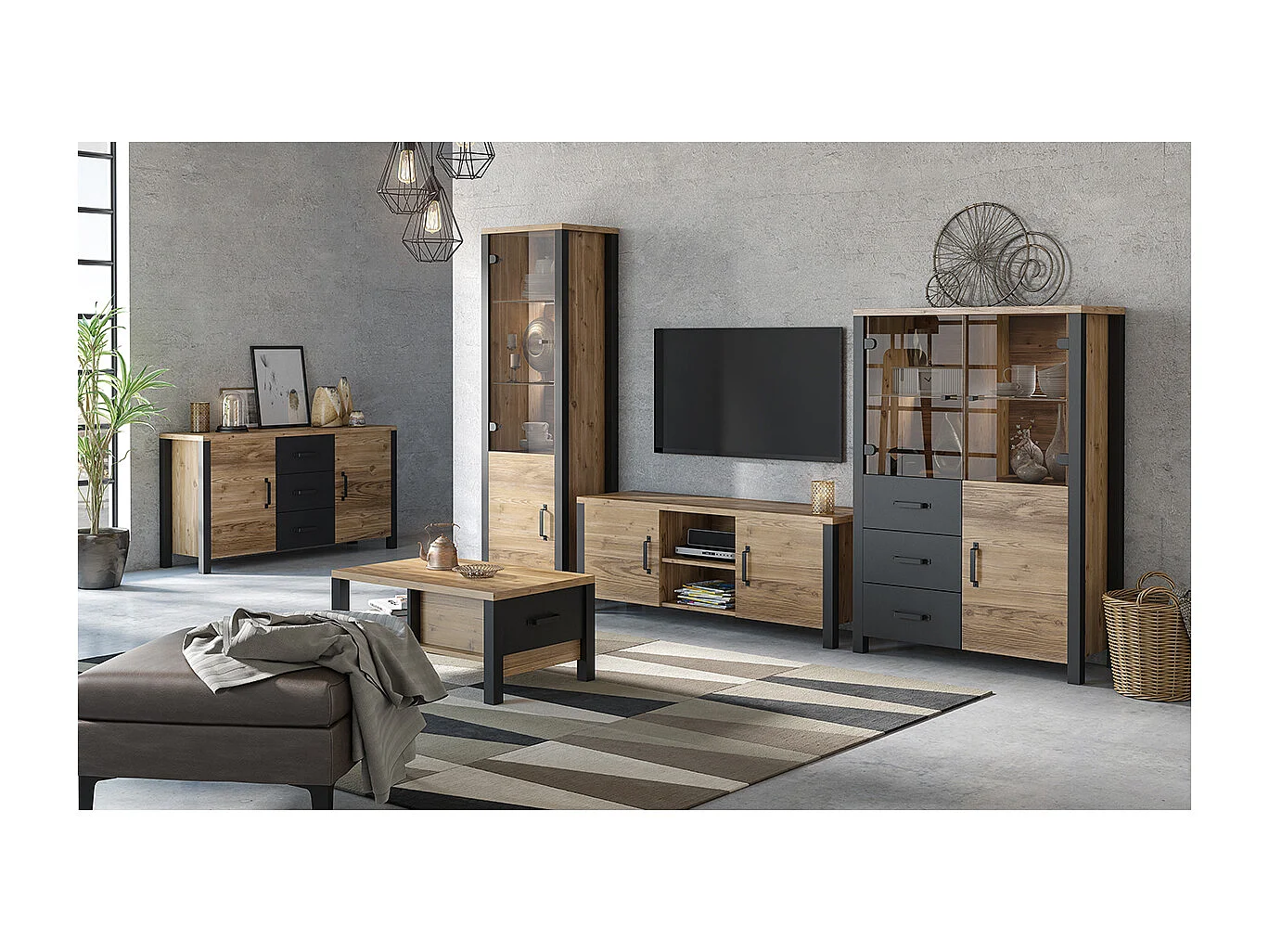 Credenza 3 ante 3 cassetti Lyam marrone e nero 146cm